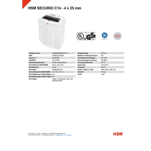 Distruggidocumenti uso moderato HSM SECURIO C14 - P-4 - 20 L - taglio a frammenti 4x25 mm - bianco - 2253111